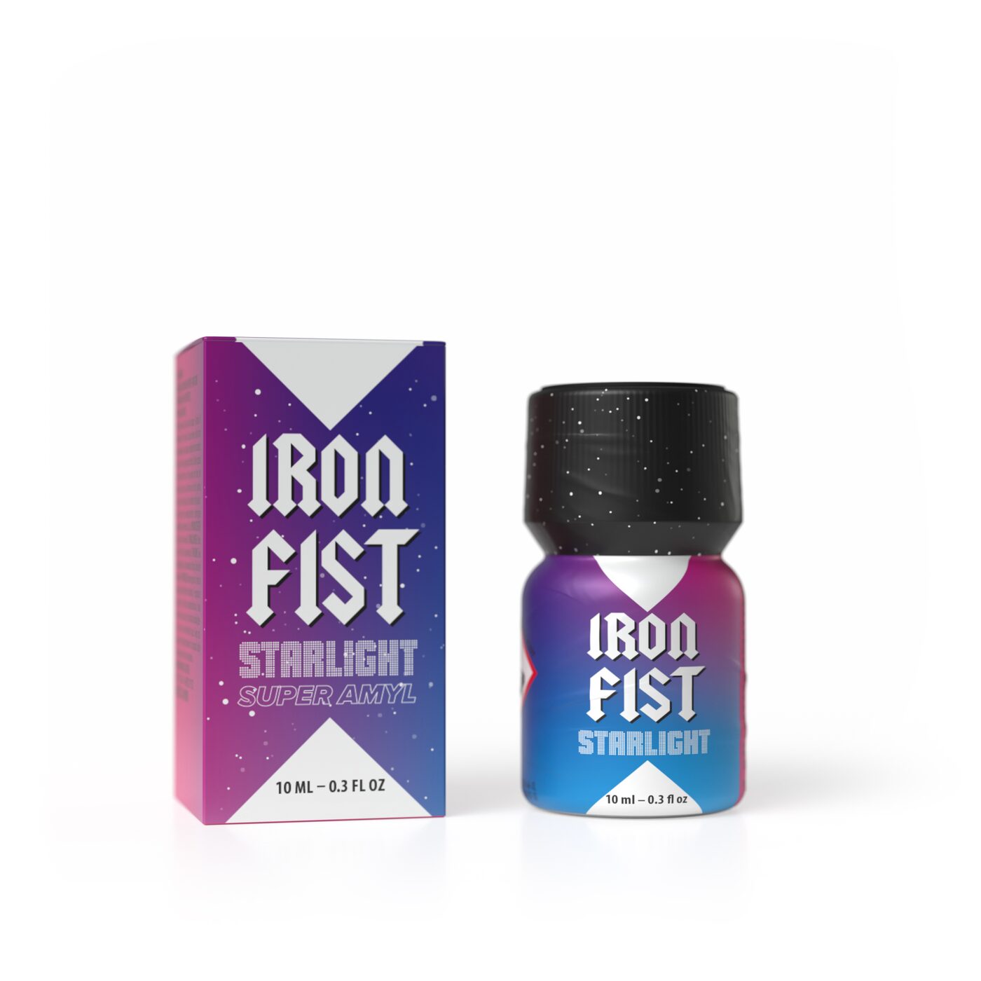 Iron Fist Starlight Super Amyl 10ML, Iron Fist Starlight Super Amyl 24ml, flacon aluminium étiquette dégradé cosmos, blend nitrite C5, PWD Factory